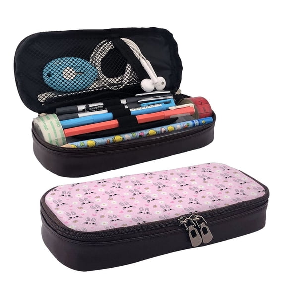 Lsque Rabbit Face Printed Big Capacity PU Leather Pencil Case Large Pencil Pouch Stationery Pen Bag Pencil Holder for Teen