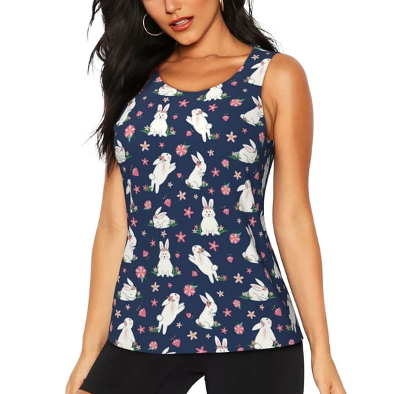 Lsque Rabbit And Flower Printed Workout Tank Tops for Women, Athletic Sports Tank Tops, Compression Sleeveless Dry Fit Shirts,Sleeveless Yoga Shirt-XX-Large