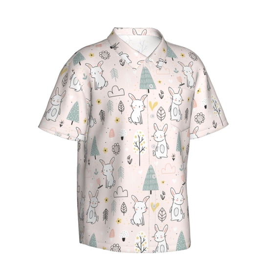 Lsque Rabbit Forest pattern Hawaiian Shirt for Men, Unisex Summer Beach Casual Short Sleeve Button Down Shirts-Small