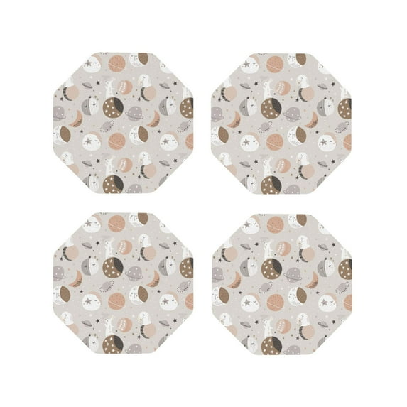 Lsque Rabbit In Space Pattern 4" Drink Coasters Set of 4, PVC Leather Absorbent Coasters, Table Coaster Set Decorative Coffee Cup Coasters Housewarming Gift -Octagon