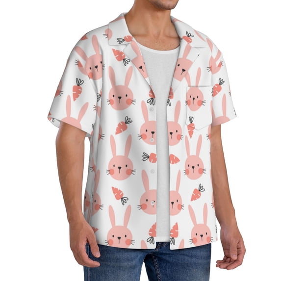 Lsque Rabbit Is And Carrots print Men's Cuban Collar Short Sleeve Shirt Summer Beachwear Casual Button Down Fashionable Vacation Leisure Shirt-Small