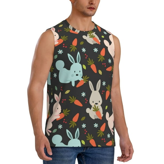 Lsque Rabbit Is Eating Carrots Print Men's Cotton Blend Sleeveless Muscle Shirts (S-3XL)- Moisture Wicking, Odor Protection, UPF 30+,3X-Large