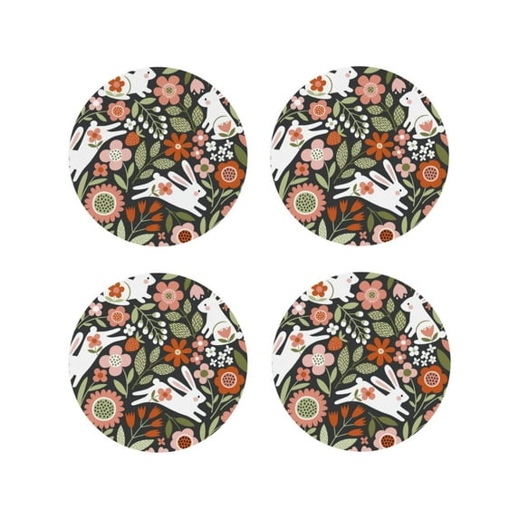 Lsque Rabbits on Floral Pattern 4" Drink Coasters Set of 4, PVC Leather Absorbent Coasters, Table Coaster Set Decorative Coffee Cup Coasters Housewarming Gift -Round Shape
