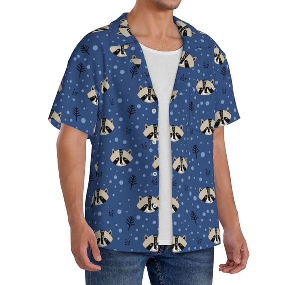 Lsque Raccoon blue point print Men's Cuban Collar Short Sleeve Shirt Summer Beachwear Casual Button Down Fashionable Vacation Leisure Shirt-Small