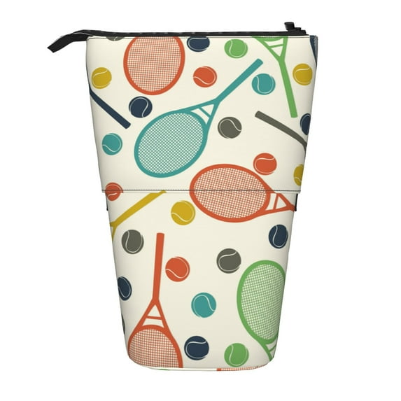 Lsque Racket and Tennis Ball Pattern Telescopic Pencil Bag Pen Holder Stationery Case, Stand-up Retractable Transformer Bag Organizer