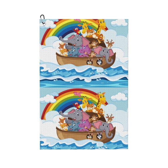 Lsque Rainbow Animals on Noah's Ark Premium Golf Towel - Ultra Absorbent and Quick Drying Microfiber Towel with Carabiner - Gift for Men -24" X 16"