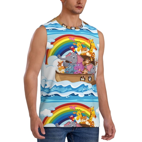 Lsque Rainbow Animals on Noah's Ark Print Men's Cotton Blend Sleeveless Muscle Shirts (S-3XL)- Moisture Wicking, Odor Protection, UPF 30+,XX-Large