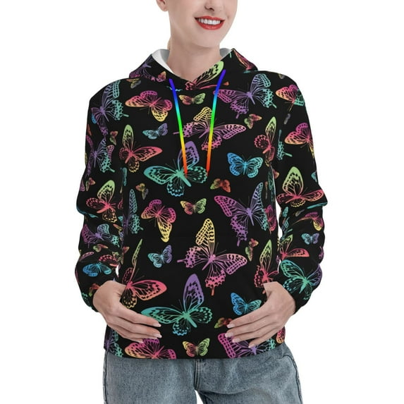 Lsque Rainbow Butterflies Pattern Casual Women's Hoodie,Hooded Sweatshirt with Kangaroo Pocket,Pullover Hoodie with Eye-catching Drawstrings-X-Large
