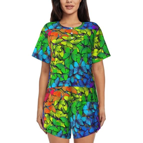 Lsque Rainbow Butterflies Women's Short-Sleeved Pajama Set - 2 Piece Soft and Lightweight Sleepwear Set-3X-Large