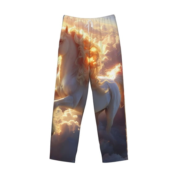 Lsque Rainbow Cloud White Horse Print Men's Pajama Pants, Lounge Pant - Comfortable Home Wear,Elastic Waistband, Stylish Design-Medium