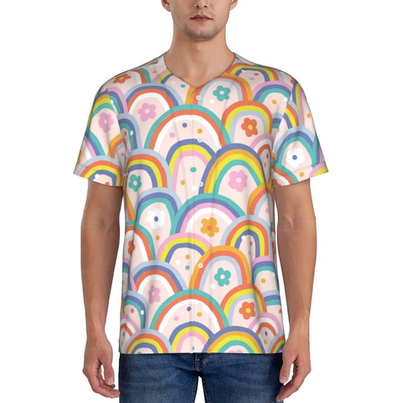 Lsque Rainbow Flowers Pattern Mens Polo Golf Shirts Funny Graphics Shorts Sleeve Button Shirts Baseball T-shirt-3X-Large