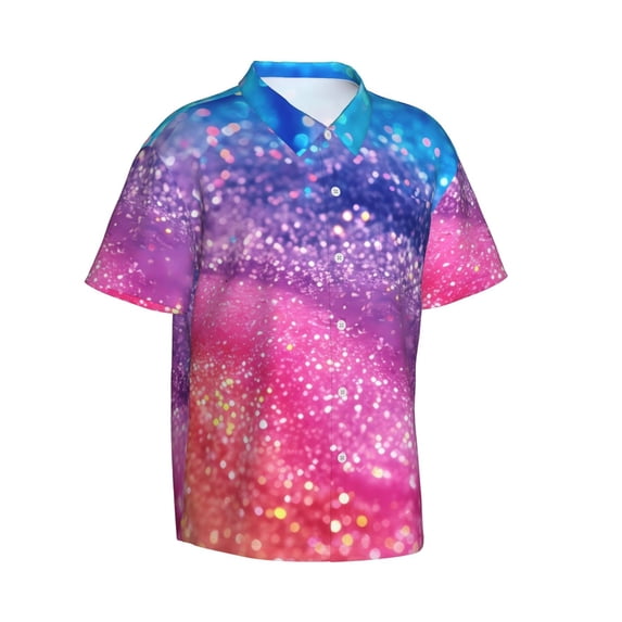 Lsque Rainbow Glitter Cute pattern Hawaiian Shirt for Men, Unisex Summer Beach Casual Short Sleeve Button Down Shirts-X-Large