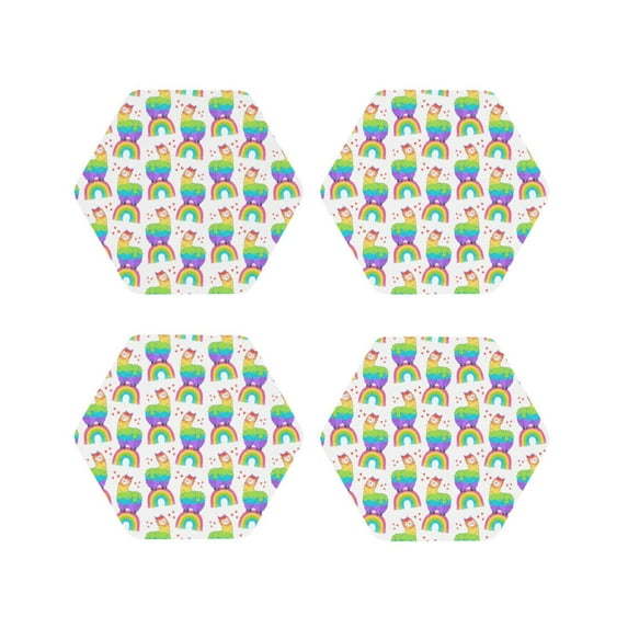 Lsque Rainbow Llama Pattern 4" Drink Coasters Set of 4, PVC Leather Absorbent Coasters, Table Coaster Set Decorative Coffee Cup Coasters Housewarming Gift -Hexagon