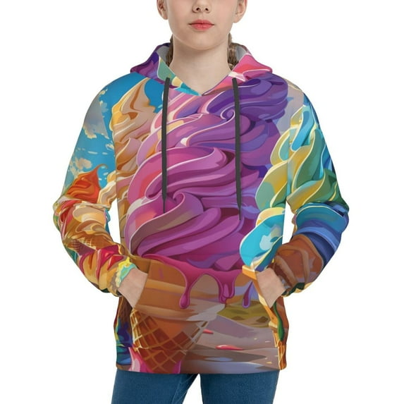 Lsque Rainbow Melting Ice Cream Patten Youth Hoodie Sweatshirt Pullover with Kangaroo Pocket Boys and Girls Hoodie Warm Hoodie for Kids-X-Large