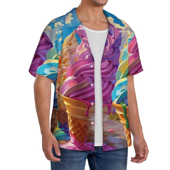 Lsque Rainbow Melting Ice Cream print Men's Cuban Collar Short Sleeve Shirt Summer Beachwear Casual Button Down Fashionable Vacation Leisure Shirt-Medium