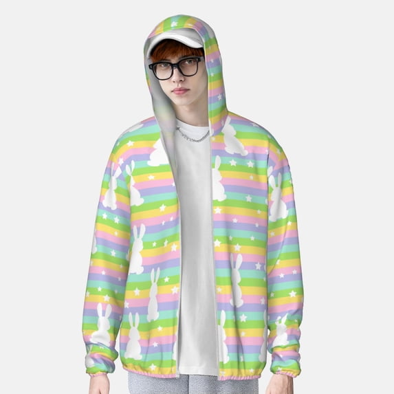 Lsque Rainbow Rabbit UPF 50+ Lightweight Sun Protection Men's Women's Long Sleeve Shirt, Hoodie Performance -3X-Large