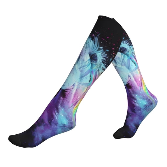 Lsque Rainbow Spotted White Horse Pattern Sport Compression Socks for Men & Women 15-20 mmHg Knee High Nurse Pregnant Running Medical and Travel Athletic