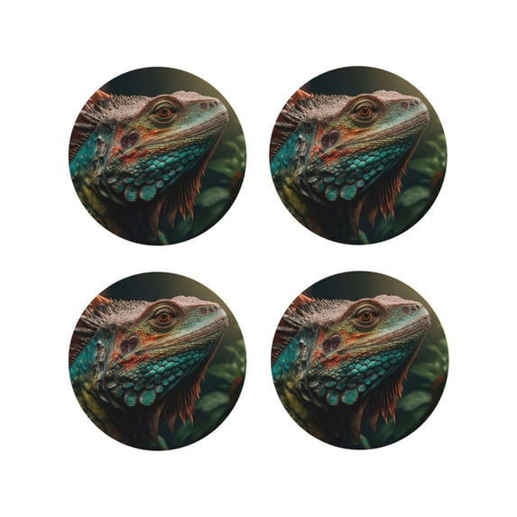 Lsque Realistic Colorful Chameleon Pattern 4" Drink Coasters Set of 4, PVC Leather Absorbent Coasters, Table Coaster Set Decorative Coffee Cup Coasters Housewarming Gift -Round Shape