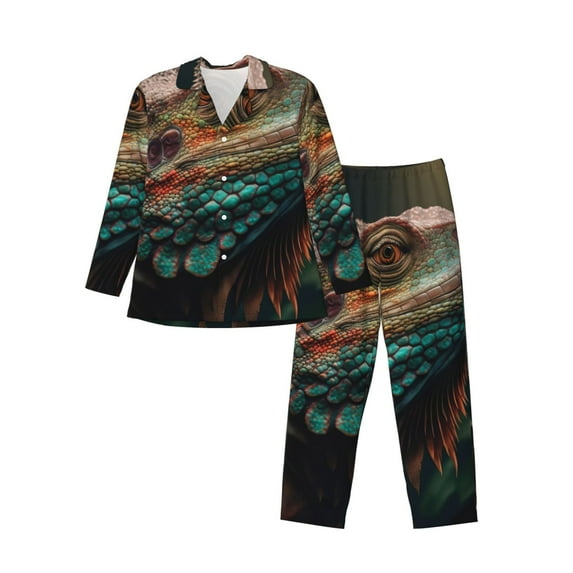 Lsque Realistic Colorful Chameleon Pattern Long Sleeve Pajama Set for Men - Soft 2-Piece Sleepwear and Loungewear Set with Pockets, Comfy Nightwear-Small