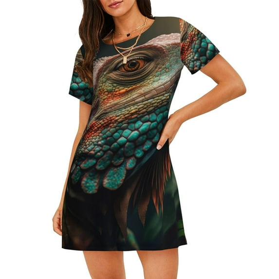 Lsque Realistic Colorful Chameleon Pattern Nightgowns for Women Sleep Shirts Short Sleeve Nightshirt Pullover Nightdress Soft Sleepwear Relaxed Fit Nightdress