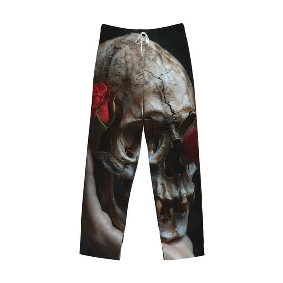 Lsque Realistic Rose Skull Print Men's Pajama Pants, Lounge Pant - Comfortable Home Wear,Elastic Waistband, Stylish Design-X-Large