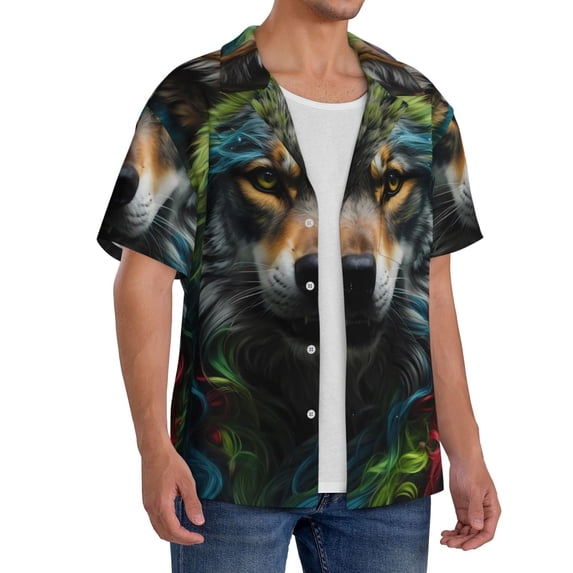 Lsque Realistic Style Colorful Wolf print Men's Cuban Collar Short Sleeve Shirt Summer Beachwear Casual Button Down Fashionable Vacation Leisure Shirt-4X-Large