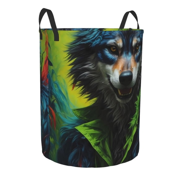 Lsque Realistic Style Wolf Warrior pattern Laundry Hamper Basket, Tall Woven Rope Hamper Basket for Clothes, Lightweight Storage Basket, Collapsible Waterproof-Medium