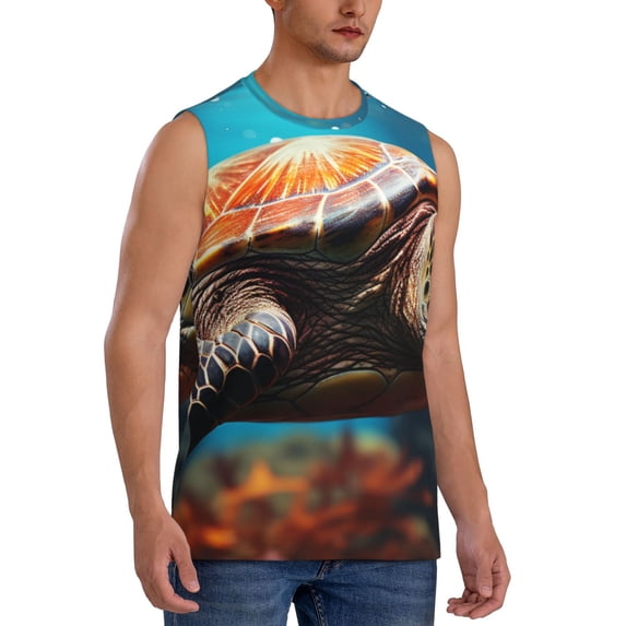 Lsque Realistic Turtle Print Men's Cotton Blend Sleeveless Muscle Shirts (S-3XL)- Moisture Wicking, Odor Protection, UPF 30+,Large