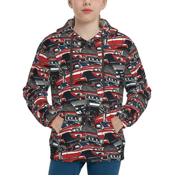 Lsque Red And Blue Cars Patten Youth Hoodie Sweatshirt Pullover with Kangaroo Pocket Boys and Girls Hoodie Warm Hoodie for Kids-X-Large