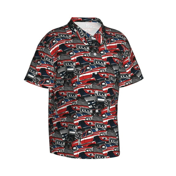 Lsque Red And Blue Cars pattern Hawaiian Shirt for Men, Unisex Summer Beach Casual Short Sleeve Button Down Shirts-XX-Large