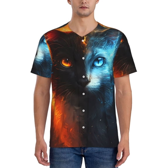 Lsque Red And Blue Fire Cat Pattern Mens Polo Golf Shirts Funny Graphics Shorts Sleeve Button Shirts Baseball T-shirt-XX-Large