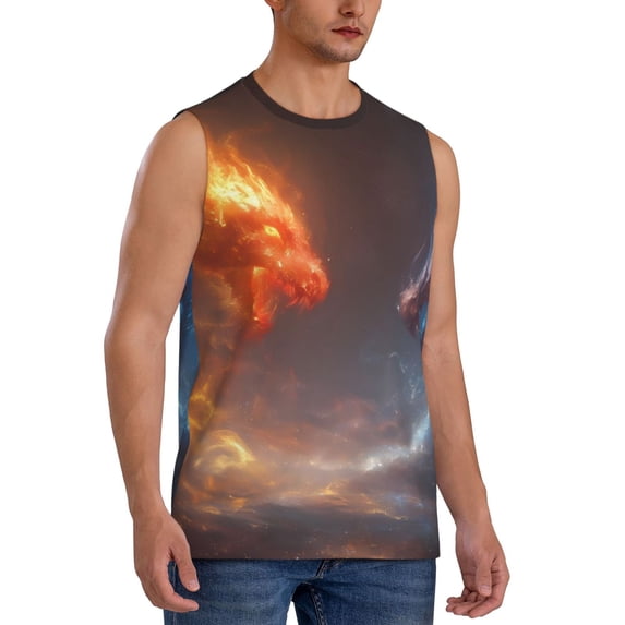Lsque Red And Blue Fire Dragon D Print Men's Cotton Blend Sleeveless Muscle Shirts (S-3XL)- Moisture Wicking, Odor Protection, UPF 30+,Large