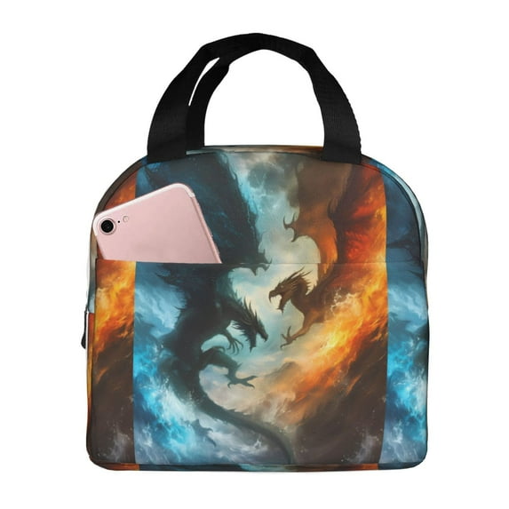 Lsque Red And Blue Flame Wave Dragon Pattern Lunch Bag Women/Men Insulated Lunch Box,Small Leakproof Cooler Food Lunch Containers Reusable High Capacity Lunch Tote Bags