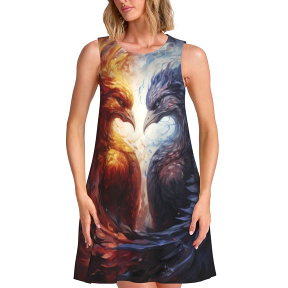 Lsque Red And White Fire Bird Pattern Summer Dresses for Women – Sleeveless T-Shirt Swing Sundress, Perfect for the Beach and Casual Days