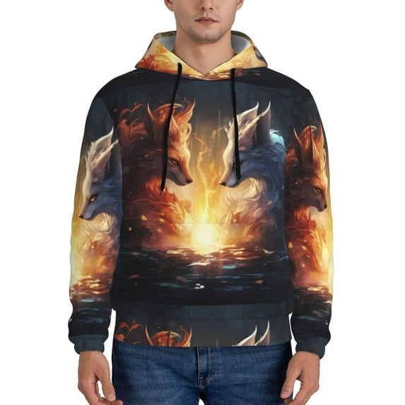 Lsque Red And White Flame Fox Pattern Casual Men's Hoodie,Hooded Sweatshirt with Kangaroo Pocket,Pullover Hoodie-Large