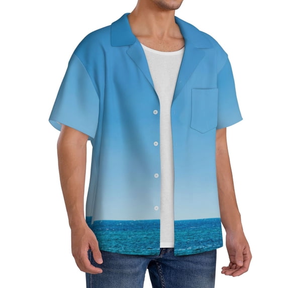 Lsque Red And White Lighthouse print Men's Cuban Collar Short Sleeve Shirt Summer Beachwear Casual Button Down Fashionable Vacation Leisure Shirt-3X-Large