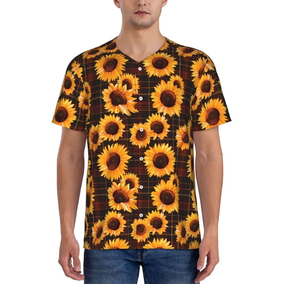 Lsque Red Black Plaid Sunflower Pattern Mens Polo Golf Shirts Funny Graphics Shorts Sleeve Button Shirts Baseball T-shirt-Medium