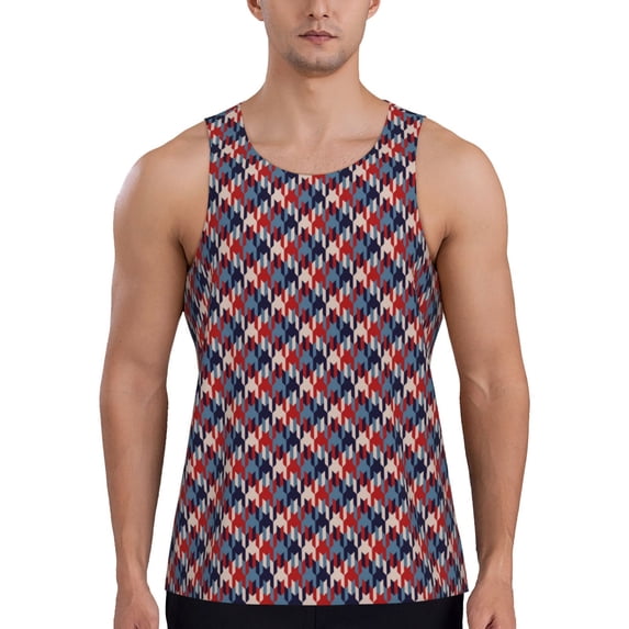 Lsque Red Blue Checked Pattern Mens Tank Tops Muscle Athletic Quick Dry Sleeveless Workout Fitness T Shirts Beach Tank Top, Loose-fit Sleeveless Shirt for Men-XX-Large