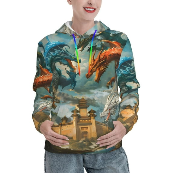 Lsque Red Blue Dragon Battle Epic Pattern Casual Women's Hoodie,Hooded Sweatshirt with Kangaroo Pocket,Pullover Hoodie with Eye-catching Drawstrings-Medium