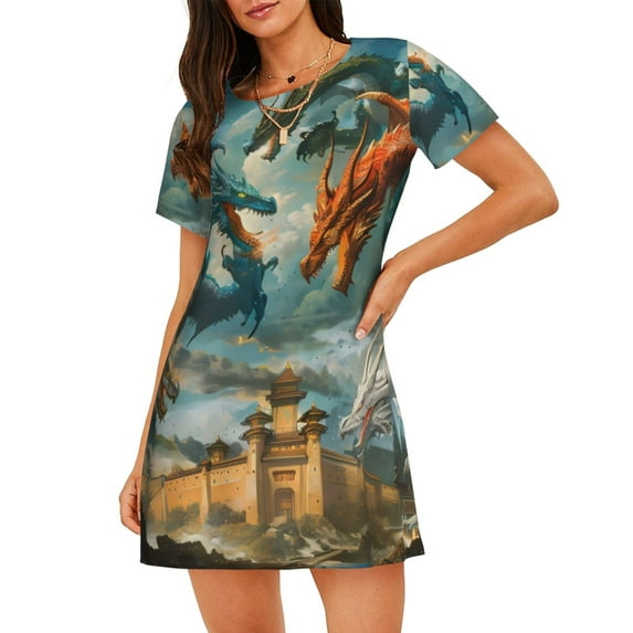Lsque Red Blue Dragon Battle Epic Pattern Nightgowns for Women Sleep Shirts Short Sleeve Nightshirt Pullover Nightdress Soft Sleepwear Relaxed Fit Nightdress