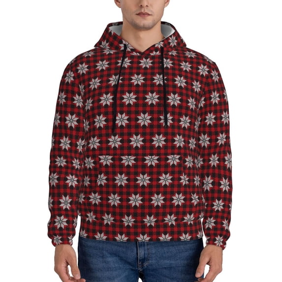 Lsque Red Buffalo Plaid Merry Christmas Pattern Casual Men's Hoodie,Hooded Sweatshirt with Kangaroo Pocket,Pullover Hoodie-Large