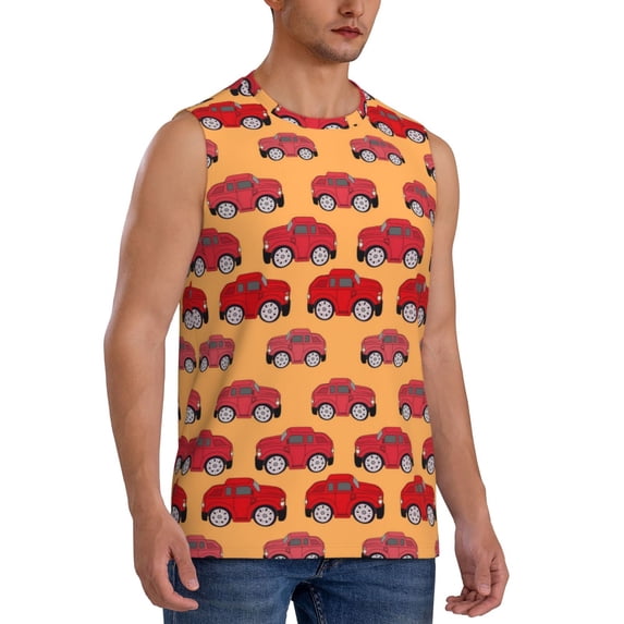Lsque Red Cars Print Men's Cotton Blend Sleeveless Muscle Shirts (S-3XL)- Moisture Wicking, Odor Protection, UPF 30+,Large