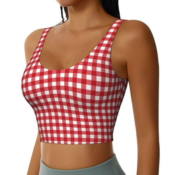 Lsque Red Checkboard Printed Women'S Sports Bra, Compression, Moisture Wicking, High-Impact Sports Bra For Women,Supportive sports bra-Small