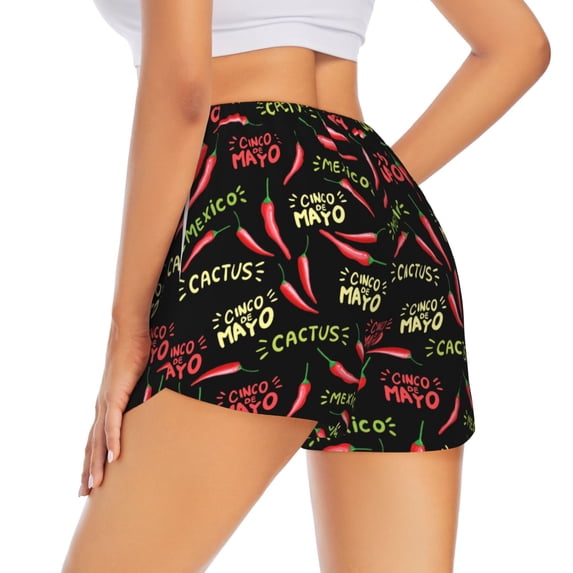 Lsque Red Chili Printed Women's Running Shorts with Liner Pockets,Elastic Quick Dry Workout Athletic Gym Yoga Shorts,Womens High Waist Shorts-X-Large