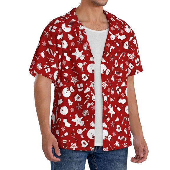 Lsque Red Christmas Cheer. print Men's Cuban Collar Short Sleeve Shirt Summer Beachwear Casual Button Down Fashionable Vacation Leisure Shirt-XX-Large