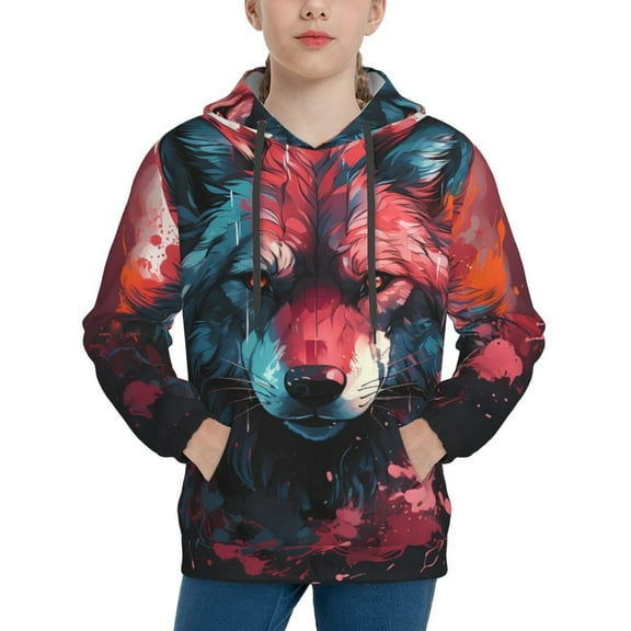 Lsque Red Flame Wolf Head Patten Youth Hoodie Sweatshirt Pullover with Kangaroo Pocket Boys and Girls Hoodie Warm Hoodie for Kids-Large