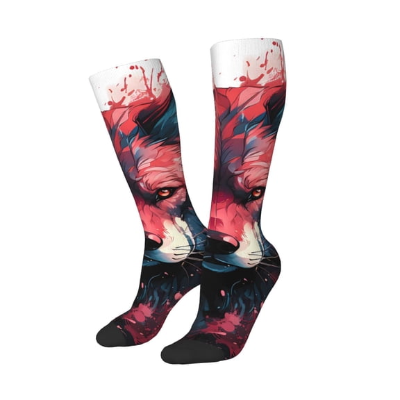 Lsque Red Flame Wolf Head Printed Crew Socks Men's Women's LightWeight Thin Casual Calf Socks ,Knee High Socks,Cotton Socks