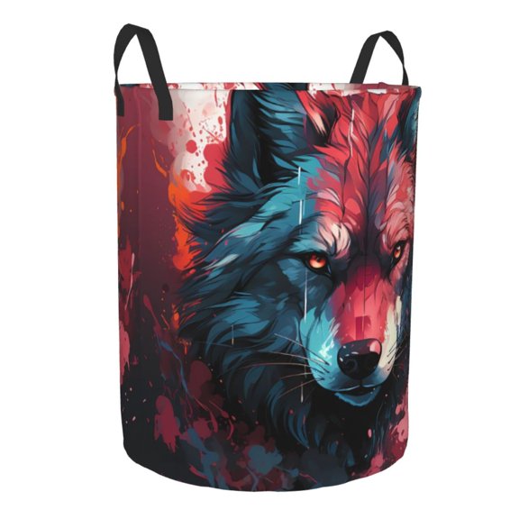 Lsque Red Flame Wolf Head pattern Laundry Hamper Basket, Tall Woven Rope Hamper Basket for Clothes, Lightweight Storage Basket, Collapsible Waterproof-Small