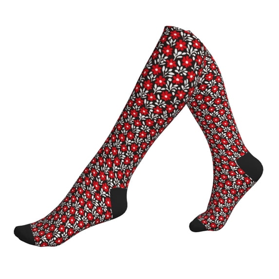 Lsque Red Floral Pattern Sport Compression Socks for Men & Women 15-20 mmHg Knee High Nurse Pregnant Running Medical and Travel Athletic
