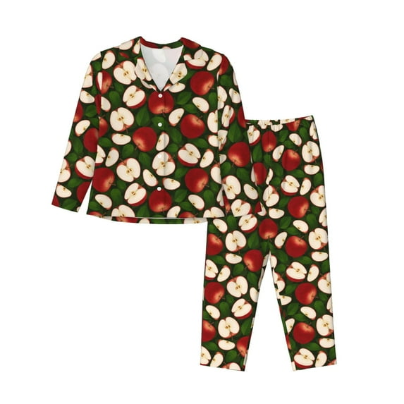 Lsque Red Fruit Pattern Long Sleeve Pajama Set for Women - Soft 2-Piece Sleepwear and Loungewear Set with Pockets, Comfy Nightwear-XX-Large